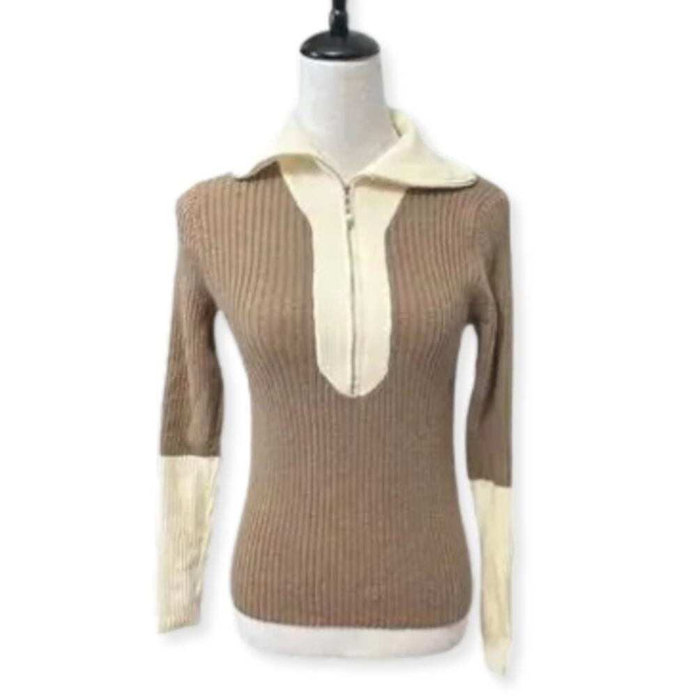 Long Sleeve Sweater Color Block Contrast Quarter Zip Drop Shoulder Beige Brown M